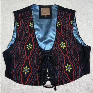 Double D Ranch Women Medium Black Leather Beaded Lace Up Western Wear Vest